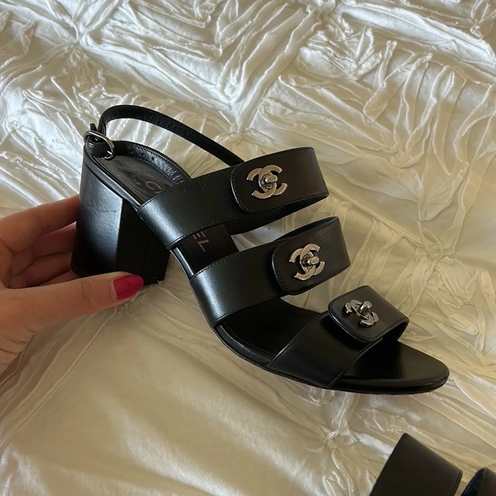 CHANEL Black Sandals with Silver Accents - Picture 10 of 10